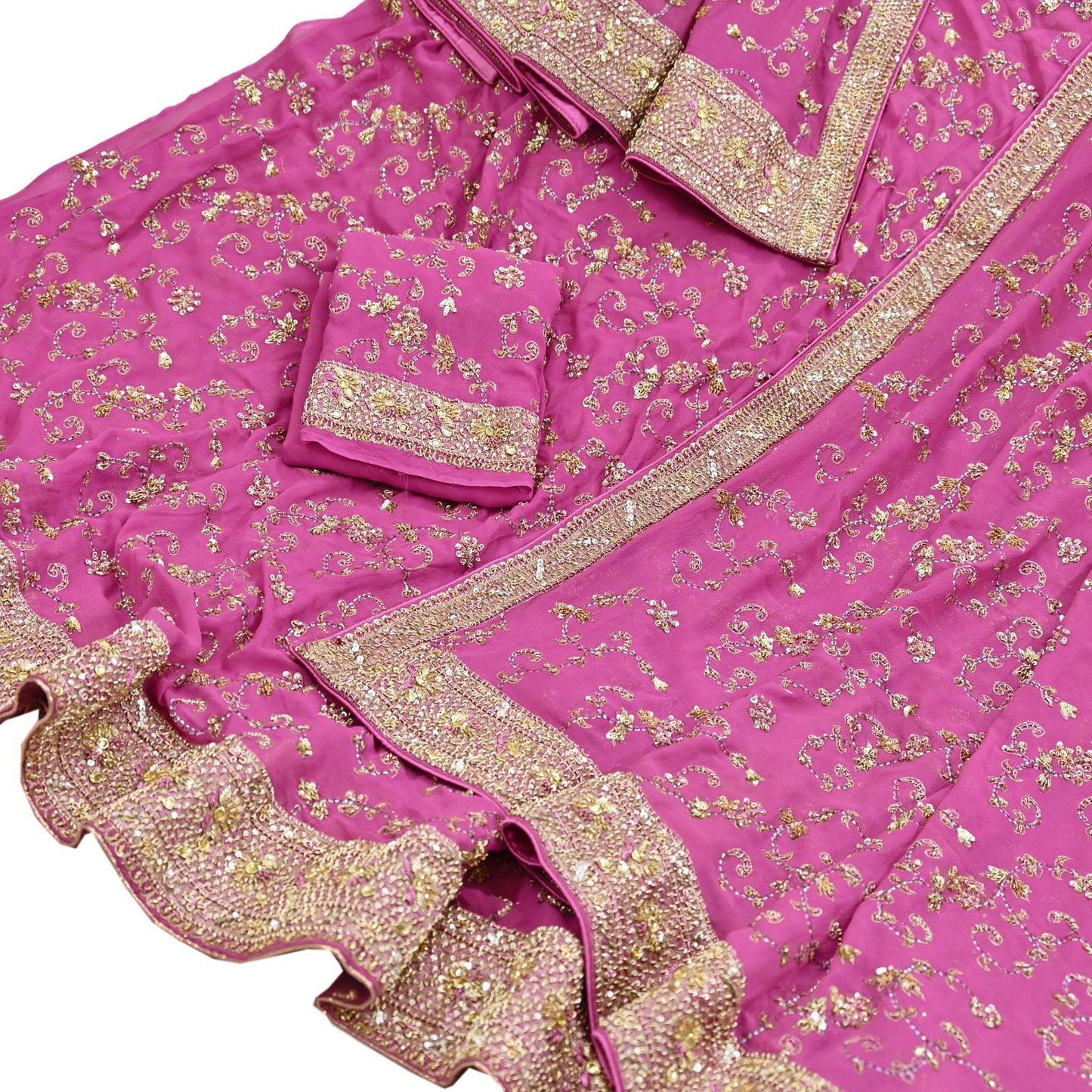 Indian Vintage Pink Pure Georgette Silk Hand Embroidered Lehenga 2pcs Set, Bollywood Wedding Wear