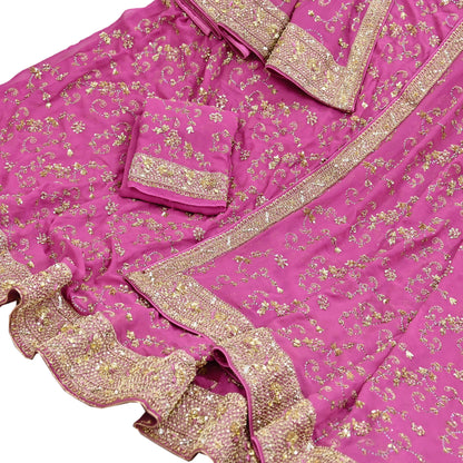 Indian Vintage Pink Pure Georgette Silk Hand Embroidered Lehenga 2pcs Set, Bollywood Wedding Wear