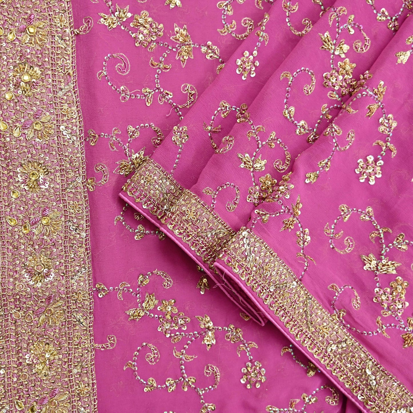 Indian Vintage Heavy Pink Bridal Dupatta Pure Georgette Silk Hand Embroidered Zardozi, Dabka, Zari Work Party Wear Long Stole