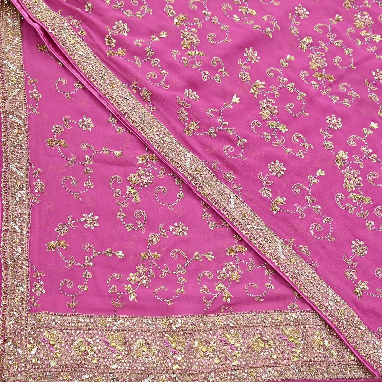 Indian Vintage Heavy Pink Bridal Dupatta Pure Georgette Silk Hand Embroidered Zardozi, Dabka, Zari Work Party Wear Long Stole