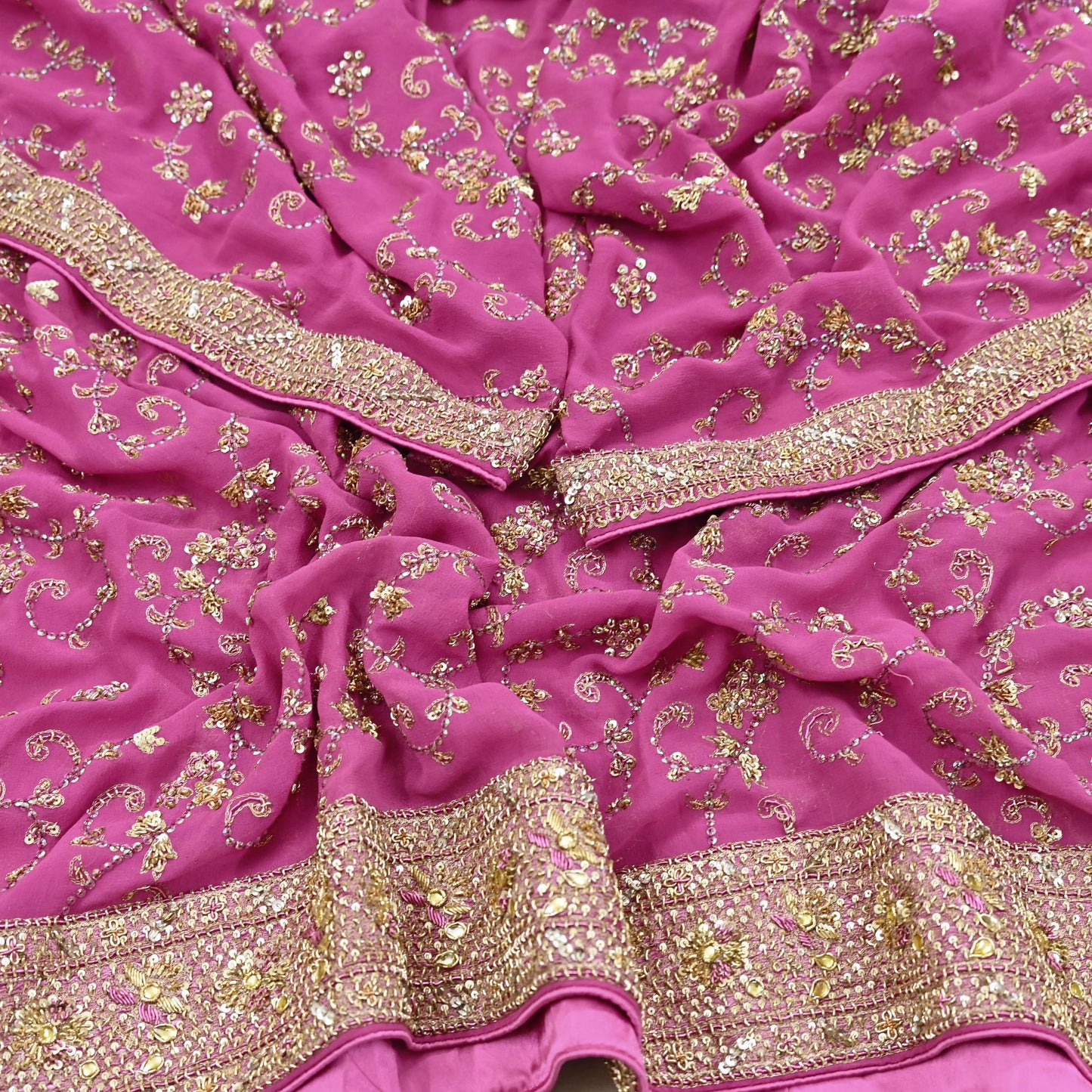 Indian Vintage Heavy Pink Bridal Dupatta Pure Georgette Silk Hand Embroidered Zardozi, Dabka, Zari Work Party Wear Long Stole