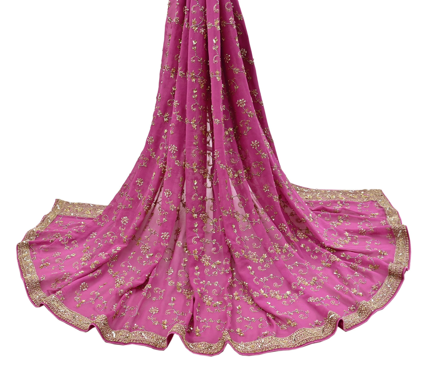 Indian Vintage Heavy Pink Bridal Dupatta Pure Georgette Silk Hand Embroidered Zardozi, Dabka, Zari Work Party Wear Long Stole