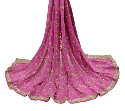 Indian Vintage Heavy Pink Bridal Dupatta Pure Georgette Silk Hand Embroidered Zardozi, Dabka, Zari Work Party Wear Long Stole