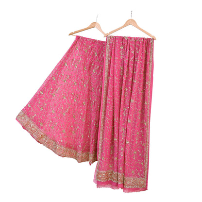 Indian Vintage Pink Pure Georgette Silk Hand Embroidered Lehenga 2pcs Set, Bollywood Wedding Wear