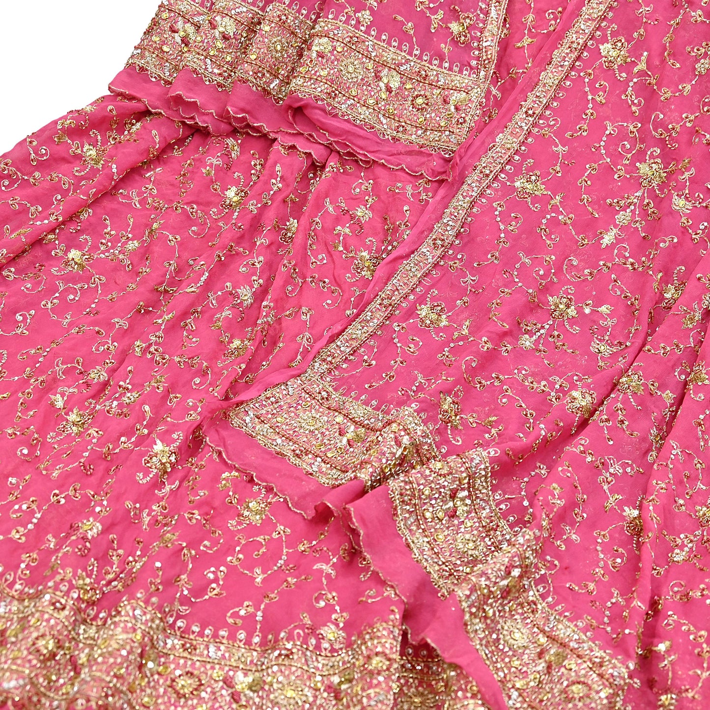 Indian Vintage Pink Pure Georgette Silk Hand Embroidered Lehenga 2pcs Set, Bollywood Wedding Wear