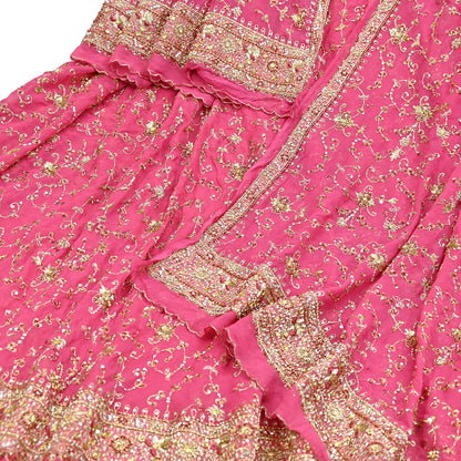 Indian Vintage Pink Pure Georgette Silk Hand Embroidered Lehenga 2pcs Set, Bollywood Wedding Wear