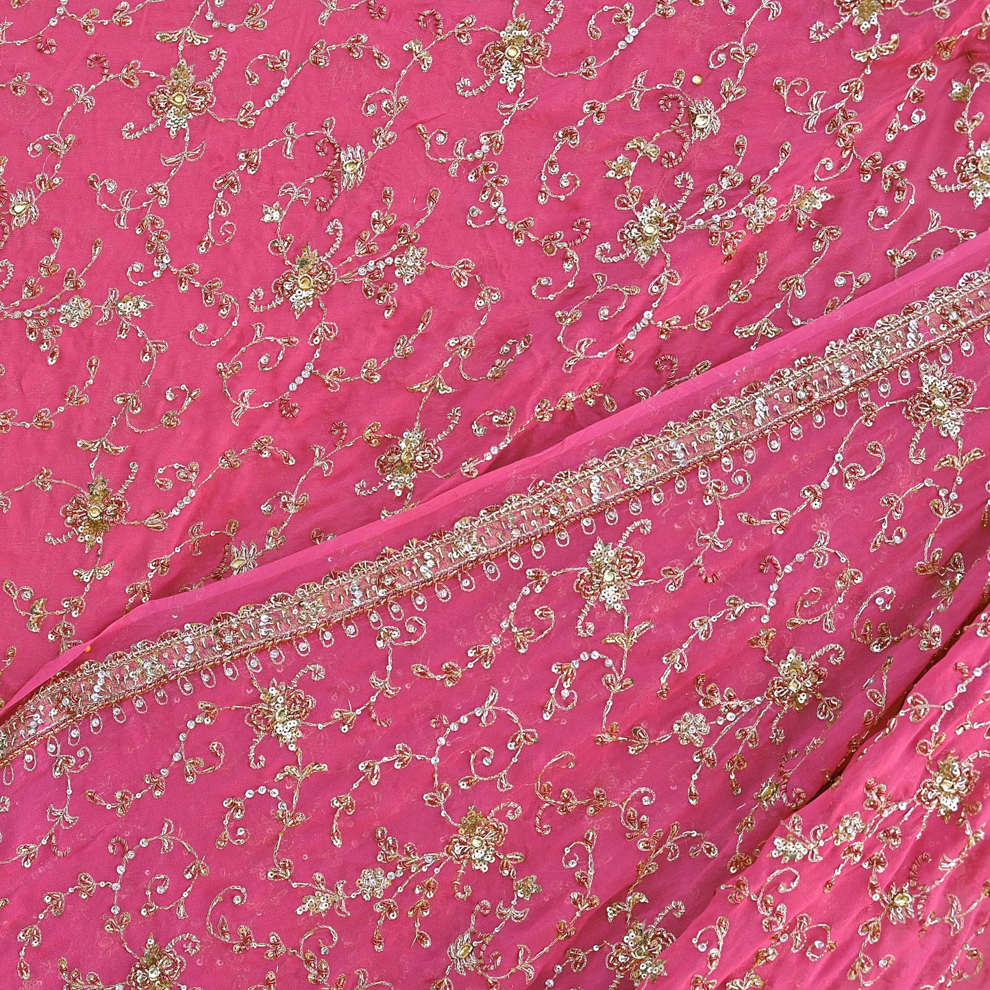 Indian Vintage Pink Pure Georgette Silk Hand Embroidered Lehenga 2pcs Set, Bollywood Wedding Wear