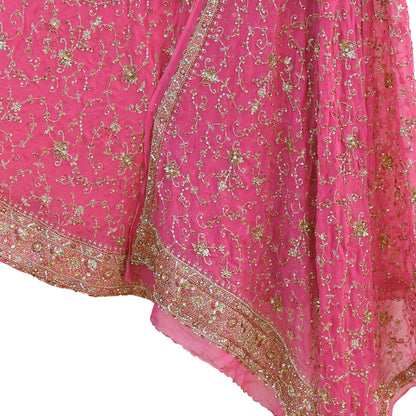 Indian Vintage Pink Pure Georgette Silk Hand Embroidered Lehenga 2pcs Set, Bollywood Wedding Wear