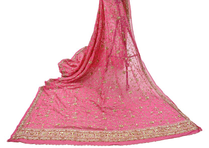 Indian Vintage Heavy Pink Bridal Dupatta Pure Georgette Silk Hand Embroidered Zardozi, Dabka, Zari Work Party Wear Long Stole