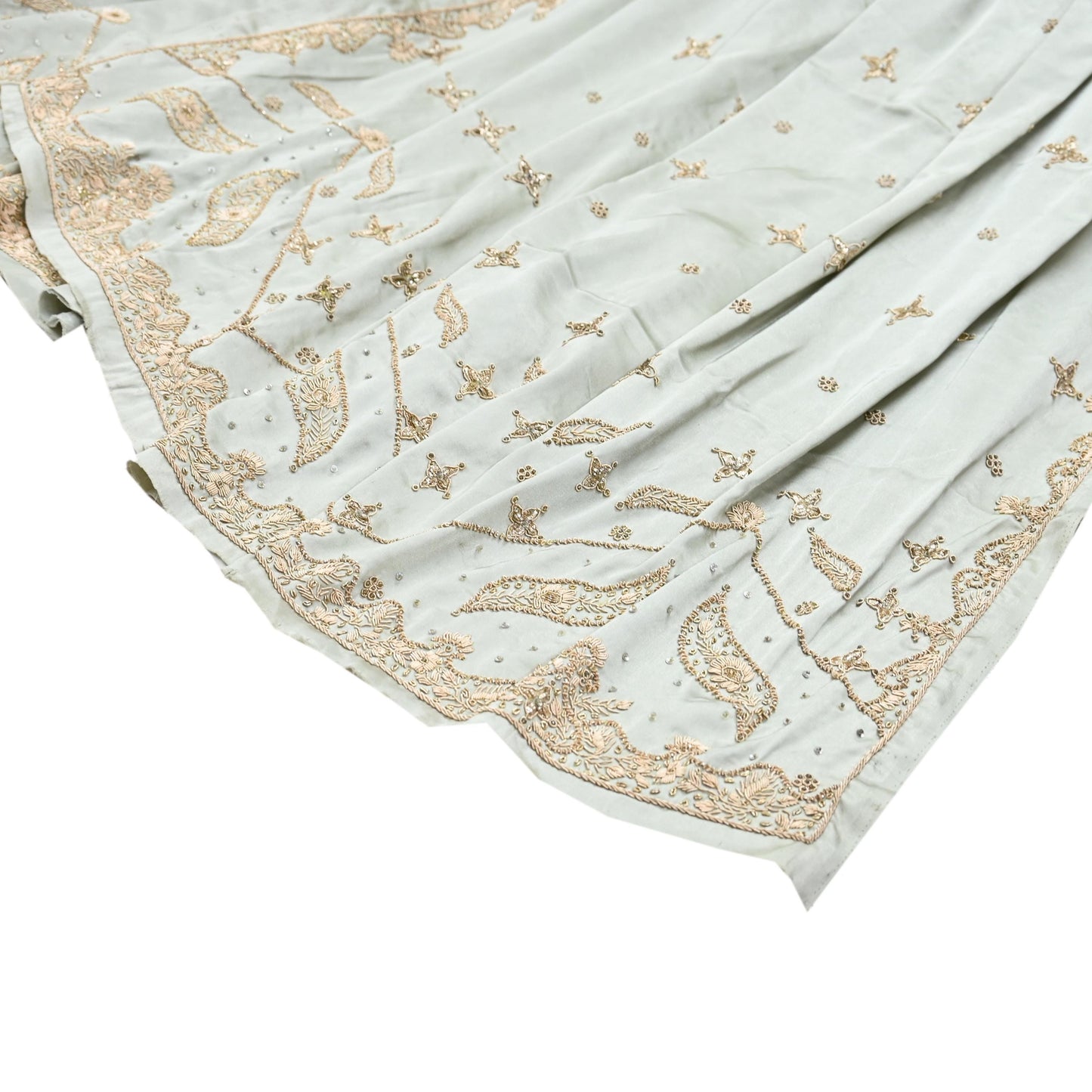 Indian Vintage Gray Pure Satin Silk Hand Embroidered Lehenga 2pcs Set, Bollywood Wedding Wear
