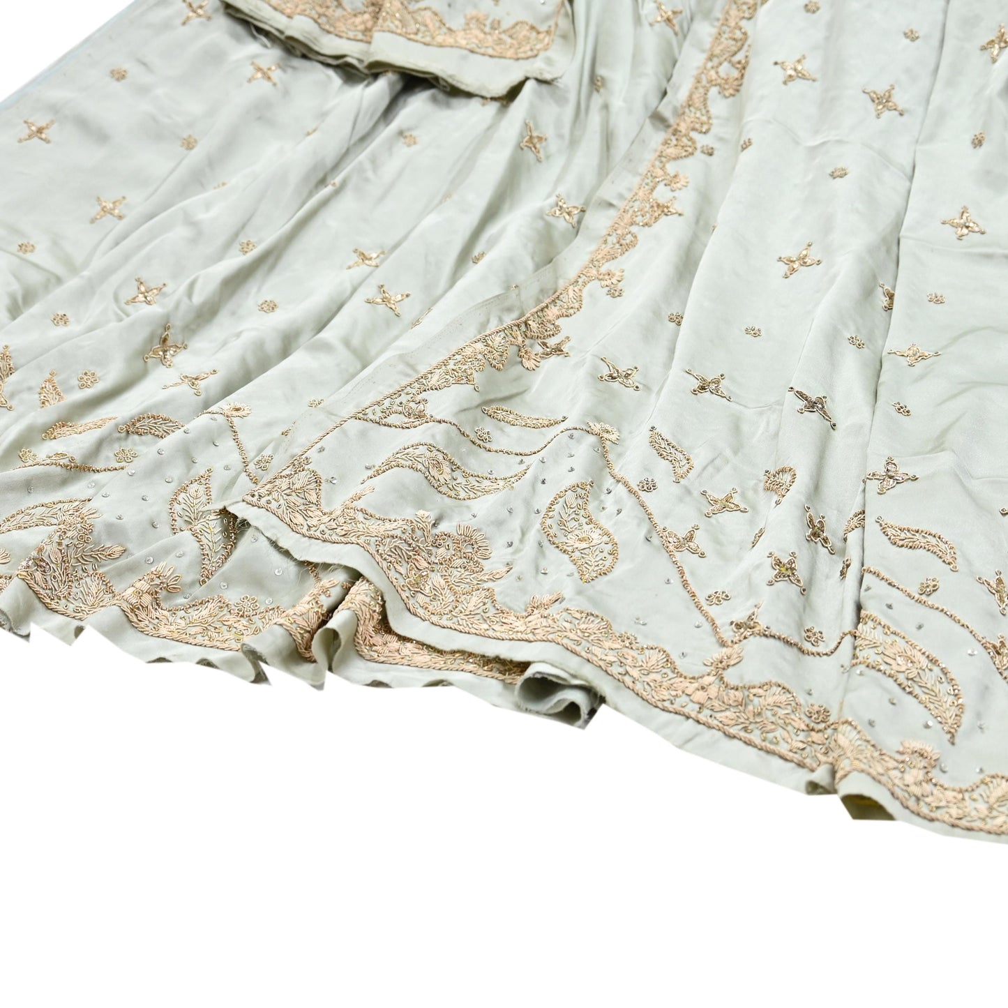 Indian Vintage Gray Pure Satin Silk Hand Embroidered Lehenga 2pcs Set, Bollywood Wedding Wear