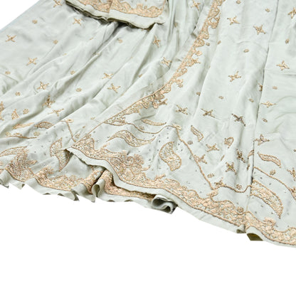 Indian Vintage Gray Pure Satin Silk Hand Embroidered Lehenga 2pcs Set, Bollywood Wedding Wear