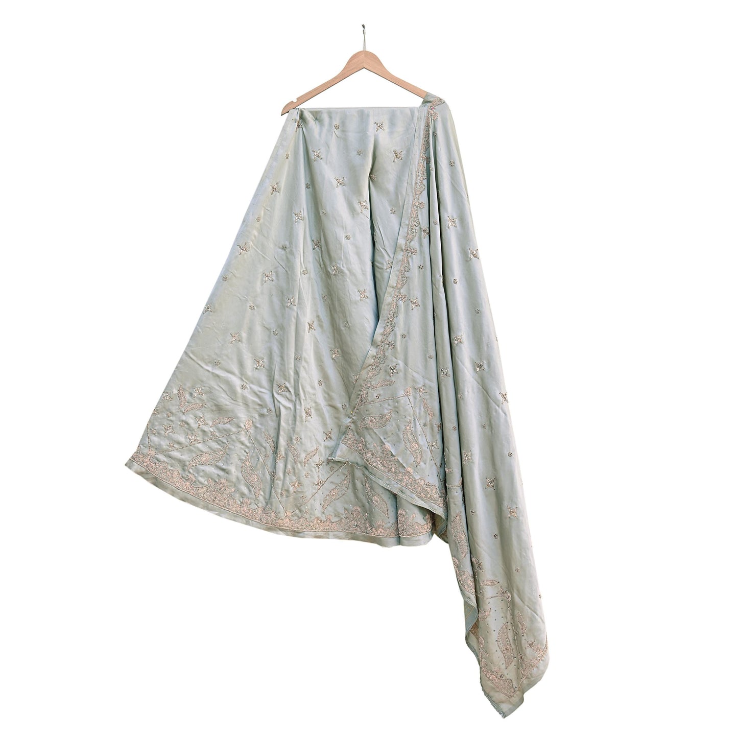 Indian Vintage Gray Pure Satin Silk Hand Embroidered Lehenga 2pcs Set, Bollywood Wedding Wear