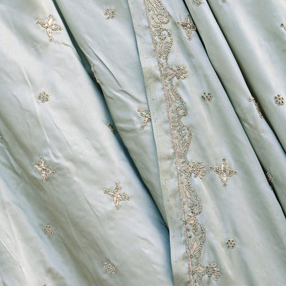 Indian Vintage Gray Pure Satin Silk Hand Embroidered Lehenga 2pcs Set, Bollywood Wedding Wear