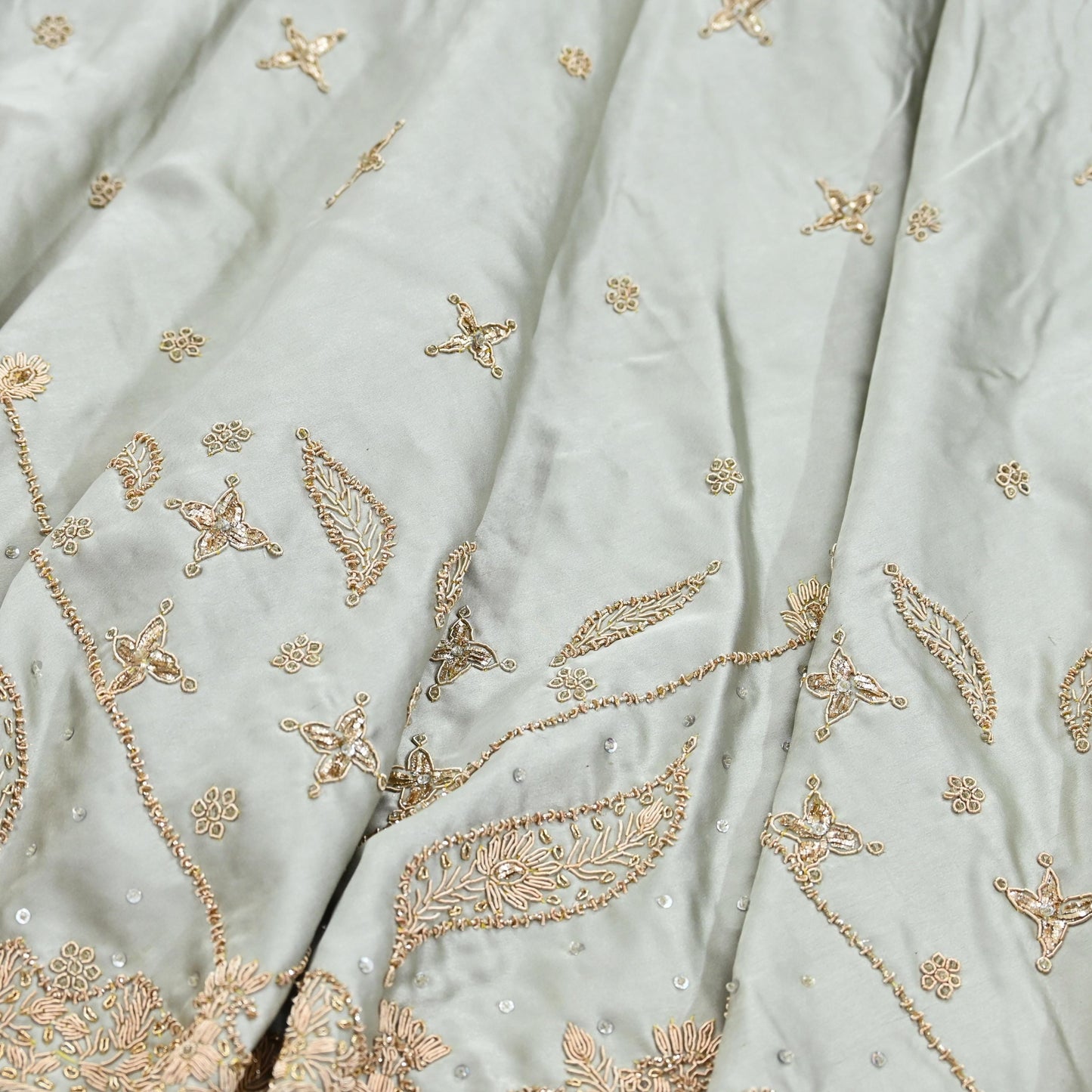 Indian Vintage Gray Pure Satin Silk Hand Embroidered Lehenga 2pcs Set, Bollywood Wedding Wear