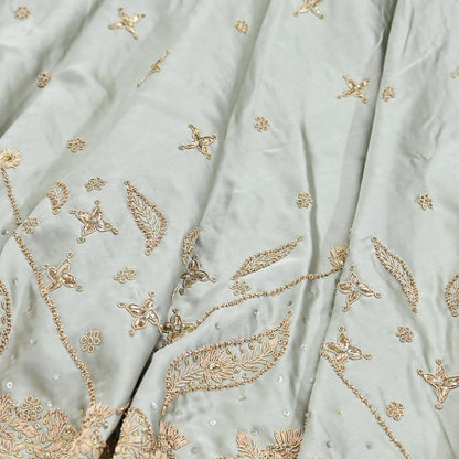 Indian Vintage Gray Pure Satin Silk Hand Embroidered Lehenga 2pcs Set, Bollywood Wedding Wear