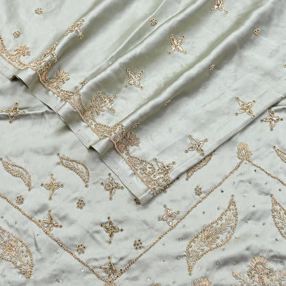 Indian Vintage Heavy Wedding Gray Dupatta Pure Satin Silk Long Stole Hand Embroidered Scarves Golden Zardozi Bridal Veil