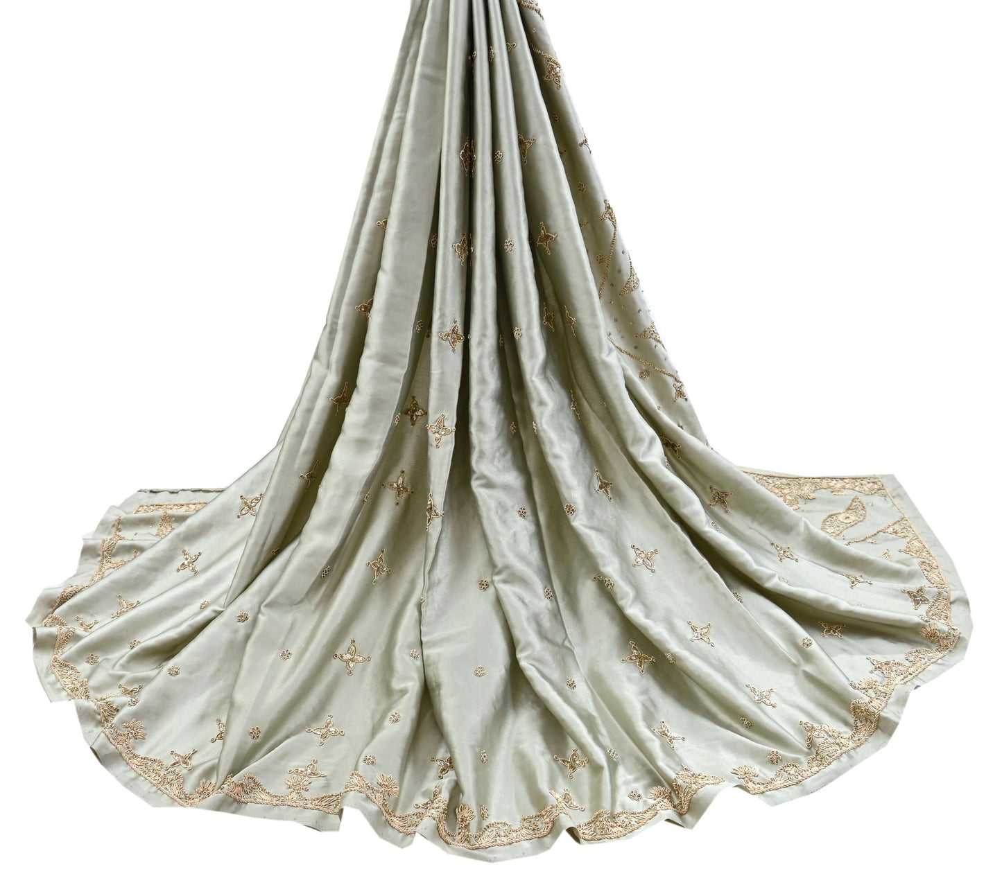Indian Vintage Heavy Wedding Gray Dupatta Pure Satin Silk Long Stole Hand Embroidered Scarves Golden Zardozi Bridal Veil