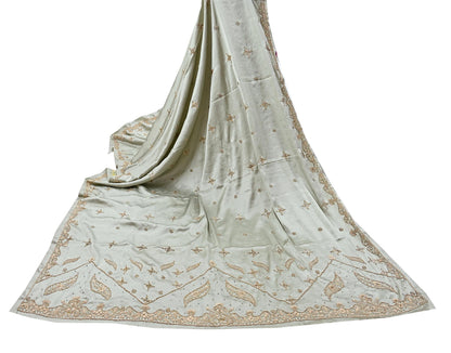 Indian Vintage Heavy Wedding Gray Dupatta Pure Satin Silk Long Stole Hand Embroidered Scarves Golden Zardozi Bridal Veil