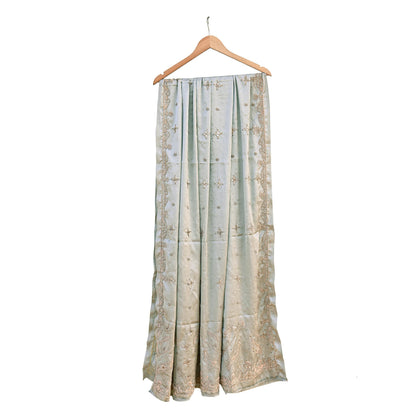 Indian Vintage Heavy Wedding Gray Dupatta Pure Satin Silk Long Stole Hand Embroidered Scarves Golden Zardozi Bridal Veil