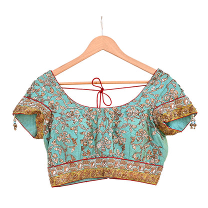 Indian Pre-owned Heavy Green Hand Embroidered By Designer Sabyasachi Padded Blouse/Top/Crop M Size Party wear Bollywood