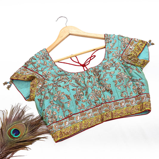 Indian Pre-owned Heavy Green Hand Embroidered By Designer Sabyasachi Padded Blouse/Top/Crop M Size Party wear Bollywood