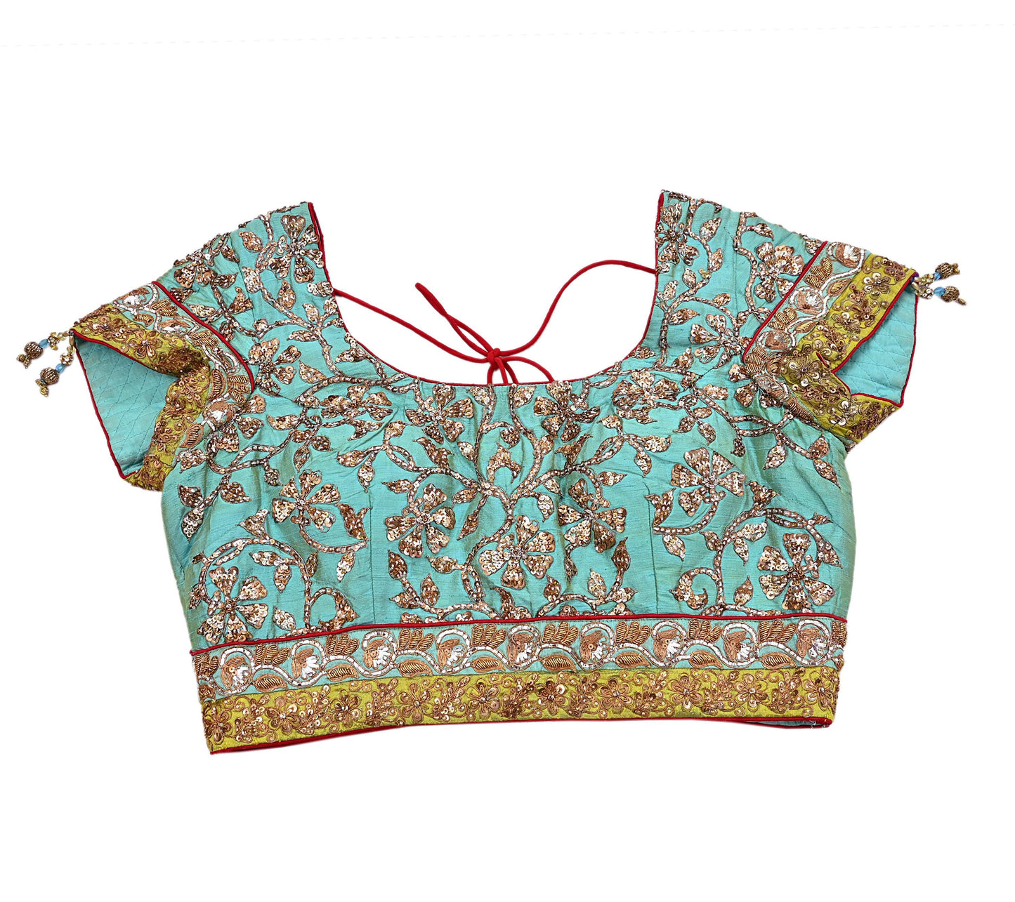 Indian Pre-owned Heavy Green Hand Embroidered By Designer Sabyasachi Padded Blouse/Top/Crop M Size Party wear Bollywood
