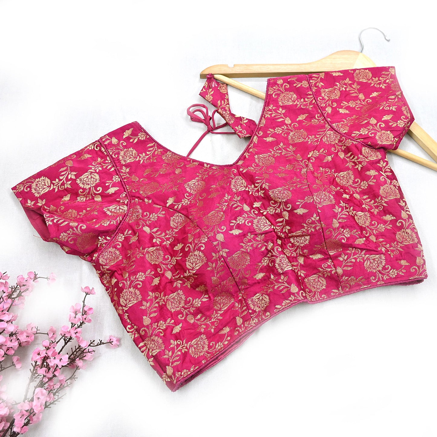 Indian Rani Pink Satin silk Woven Brocade Blouse/Top/Crop M Size Party wear Bollywood