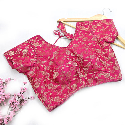 Indian Rani Pink Satin silk Woven Brocade Blouse/Top/Crop M Size Party wear Bollywood