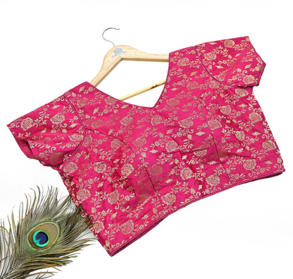Indian Rani Pink Satin silk Woven Brocade Blouse/Top/Crop M Size Party wear Bollywood