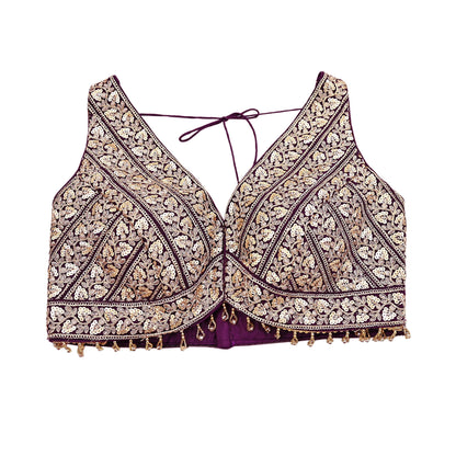 Indian Vintage Purple Raw silk Hand Embroidered sleeveless Padded Blouse/Top/Crop Party wear Bollywood
