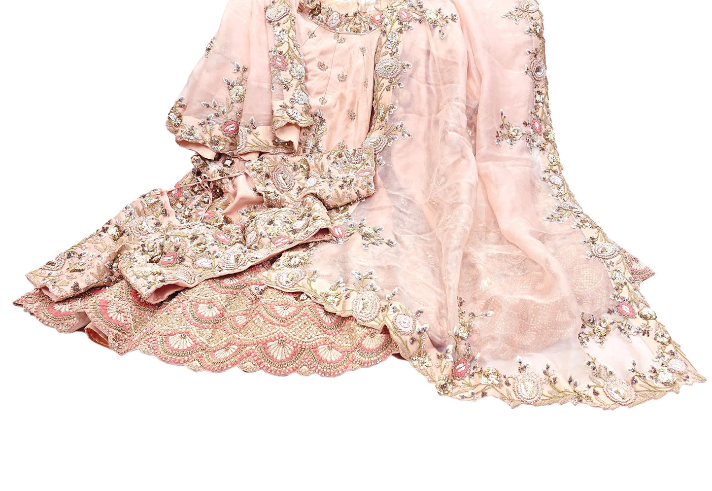Indian Heavy Peach Hand Embroidered Lehenga 3pcs Set Designer By Manish Malhotra Party Wear
