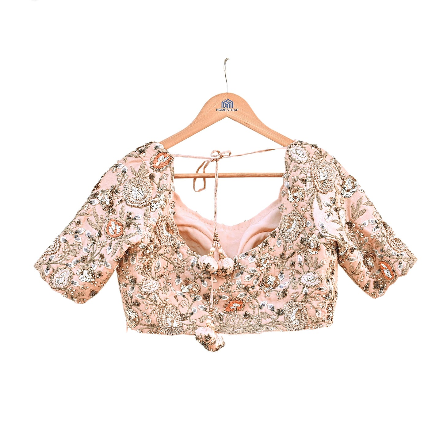 Indian Pre-owned Peach raw silk Hand Embroidered By Designer manish malhotra Padded Blouse/Top/Crop L Size Party wear Bollywood