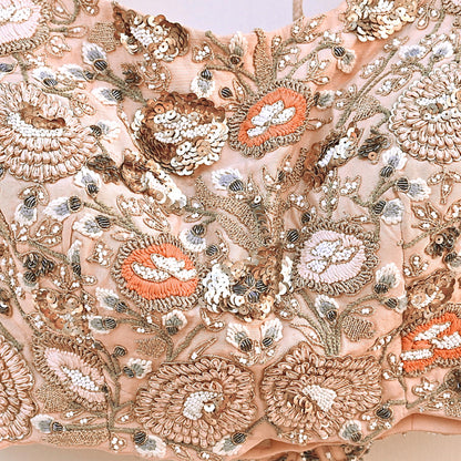 Indian Pre-owned Peach raw silk Hand Embroidered By Designer manish malhotra Padded Blouse/Top/Crop L Size Party wear Bollywood