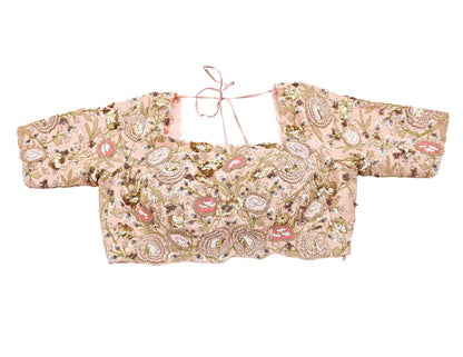 Indian Pre-owned Peach raw silk Hand Embroidered By Designer manish malhotra Padded Blouse/Top/Crop L Size Party wear Bollywood