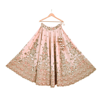 Indian Heavy Peach Raw Silk Hand Embroidered Lehenga/Skirt Designer By Manish Malhotra Bridal Wear Zardozi/ Dabka