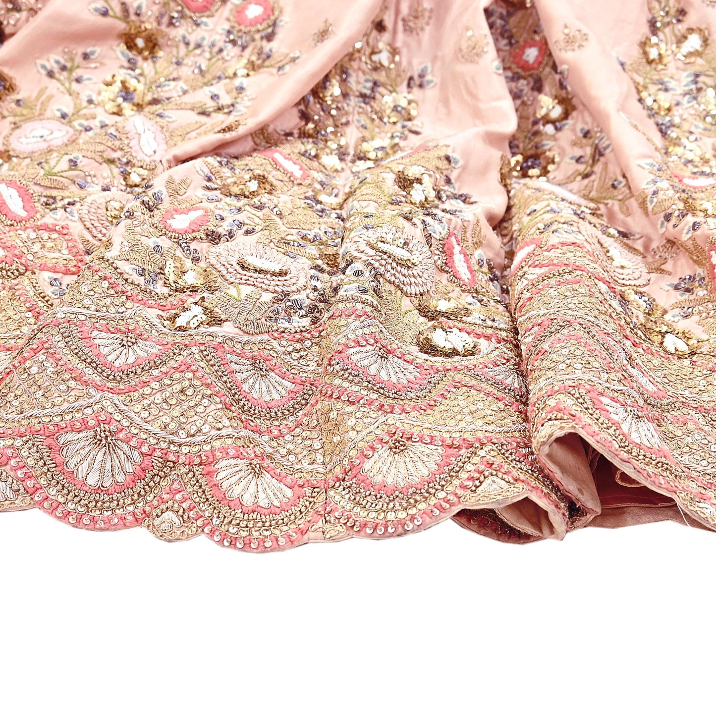 Indian Heavy Peach Raw Silk Hand Embroidered Lehenga/Skirt Designer By Manish Malhotra Bridal Wear Zardozi/ Dabka