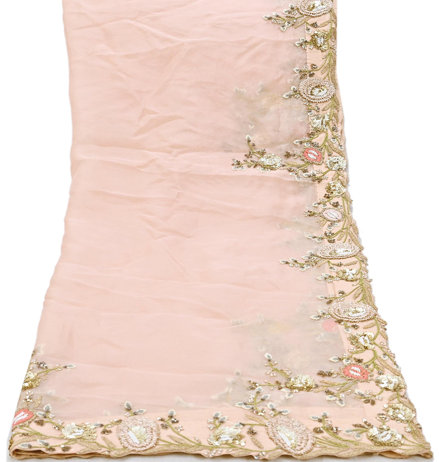 Indian Pre-owned Heavy Peach Pure Organza Silk Hand Embroidered Dupatta Designer By Manish Malhotra Zardozi Bridal Veil