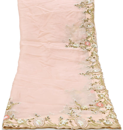 Indian Pre-owned Heavy Peach Pure Organza Silk Hand Embroidered Dupatta Designer By Manish Malhotra Zardozi Bridal Veil