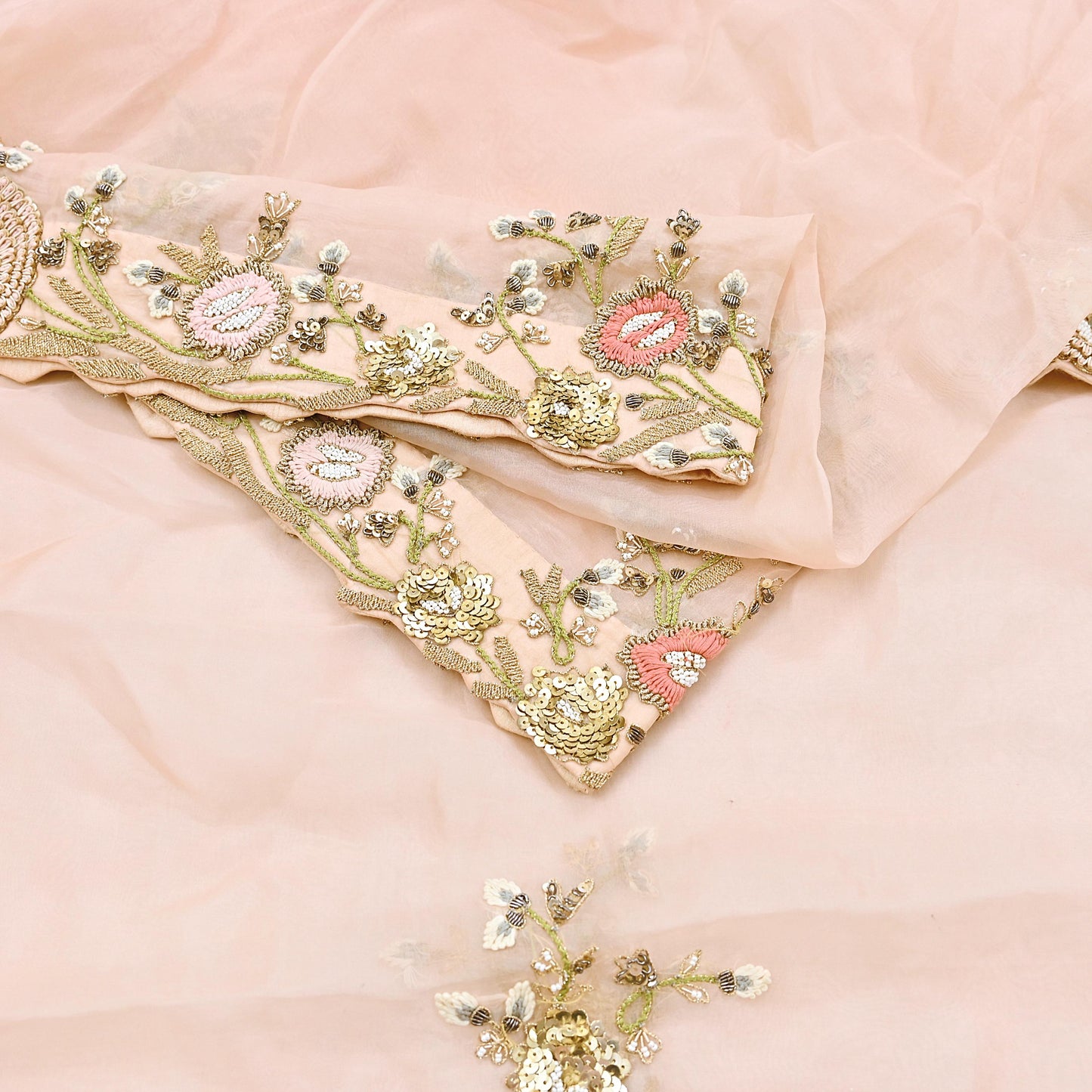 Indian Pre-owned Heavy Peach Pure Organza Silk Hand Embroidered Dupatta Designer By Manish Malhotra Zardozi Bridal Veil