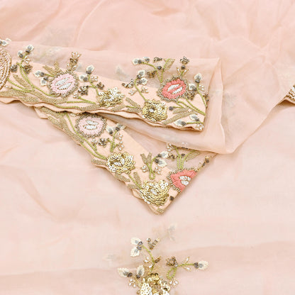 Indian Pre-owned Heavy Peach Pure Organza Silk Hand Embroidered Dupatta Designer By Manish Malhotra Zardozi Bridal Veil