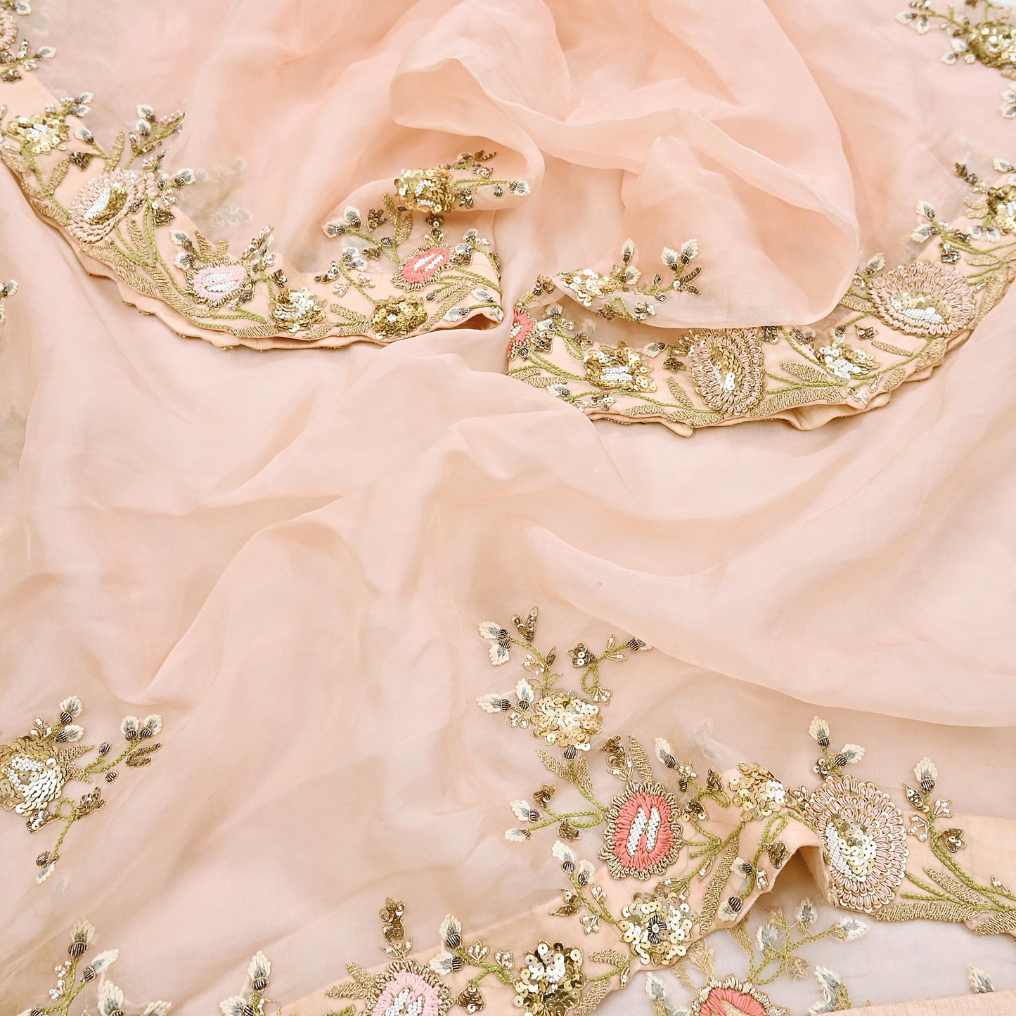 Indian Pre-owned Heavy Peach Pure Organza Silk Hand Embroidered Dupatta Designer By Manish Malhotra Zardozi Bridal Veil