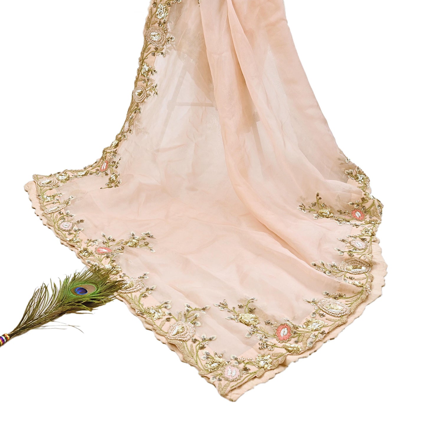 Indian Pre-owned Heavy Peach Pure Organza Silk Hand Embroidered Dupatta Designer By Manish Malhotra Zardozi Bridal Veil