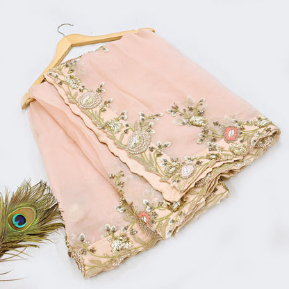 Indian Pre-owned Heavy Peach Pure Organza Silk Hand Embroidered Dupatta Designer By Manish Malhotra Zardozi Bridal Veil