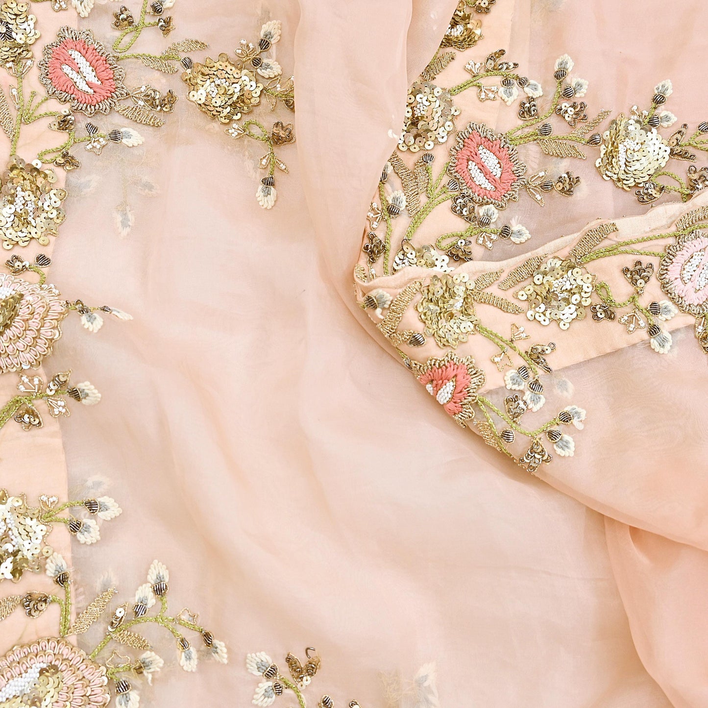 Indian Pre-owned Heavy Peach Pure Organza Silk Hand Embroidered Dupatta Designer By Manish Malhotra Zardozi Bridal Veil