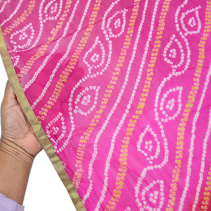 Indian Vintage Pink & Red Dupatta Pure Georgette Silk Embroidered Bandhani Veil Scarves Soft Zari Border