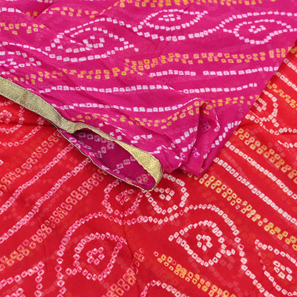 Indian Vintage Pink & Red Dupatta Pure Georgette Silk Embroidered Bandhani Veil Scarves Soft Zari Border