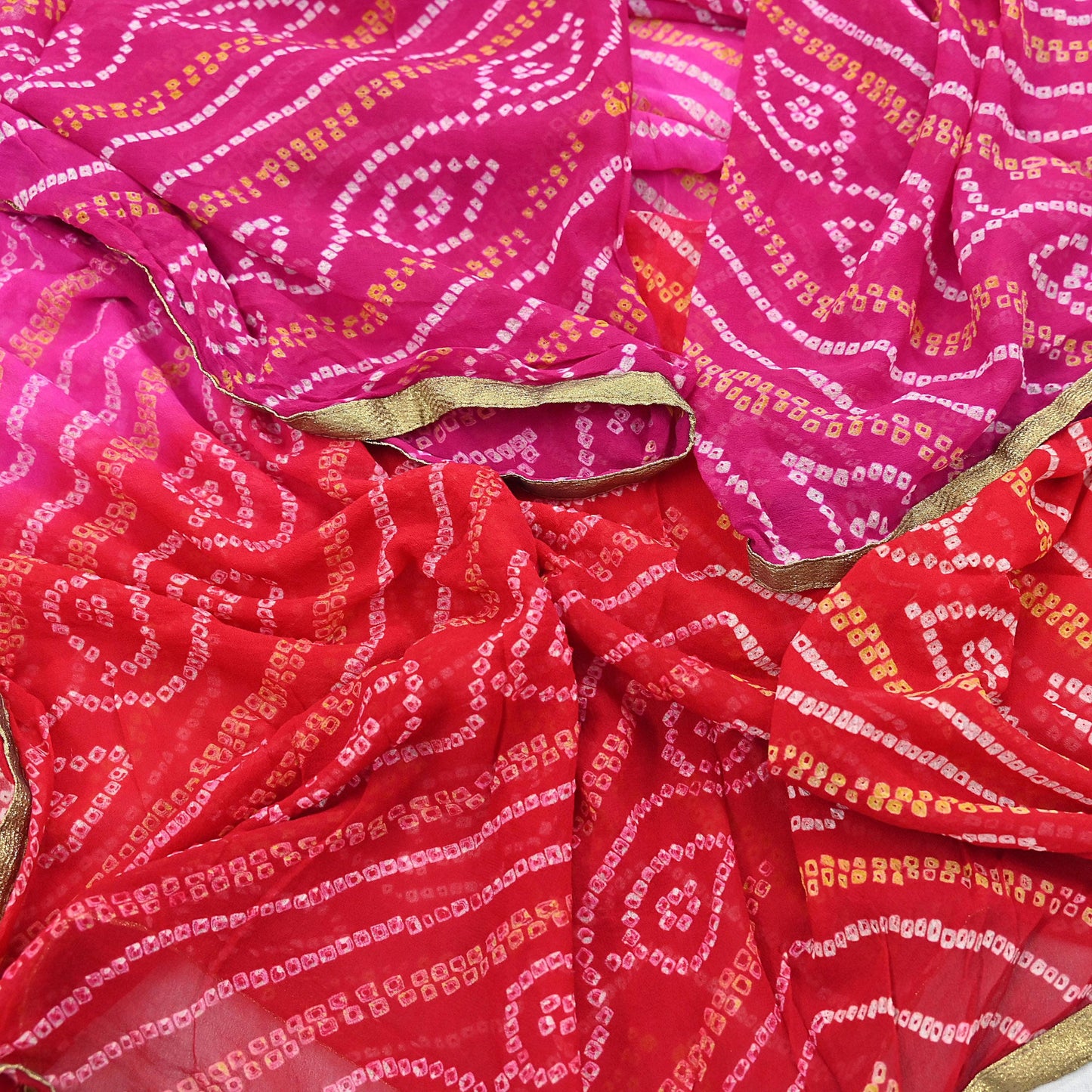 Indian Vintage Pink & Red Dupatta Pure Georgette Silk Embroidered Bandhani Veil Scarves Soft Zari Border