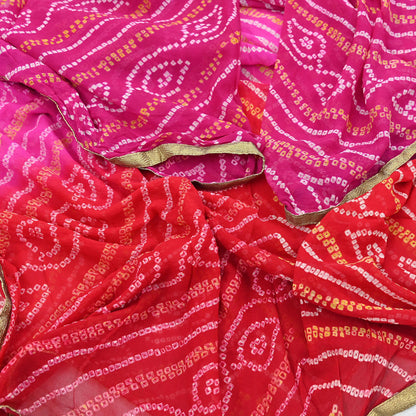 Indian Vintage Pink & Red Dupatta Pure Georgette Silk Embroidered Bandhani Veil Scarves Soft Zari Border
