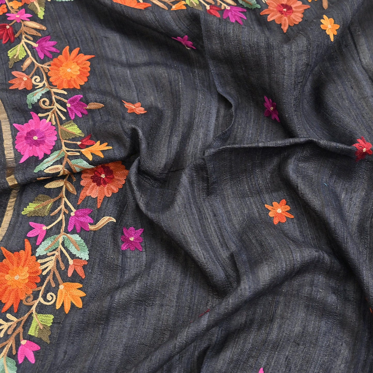 Indian Vintage Gray Dupatta Pure Khadi silk Long Stole Hand Embroidered ari Scarves Floral Design Stole Veil Wrap